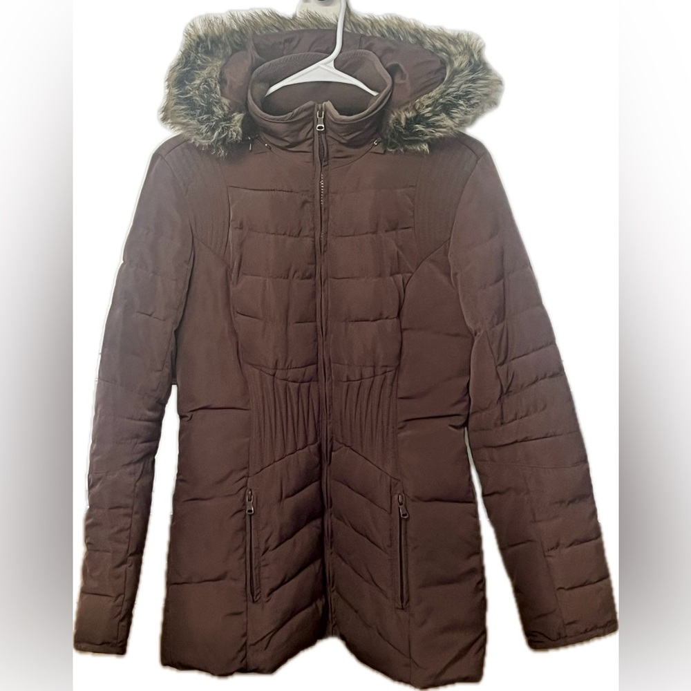 Bar III Brown Puffer Jacket with Faux Fur Trim